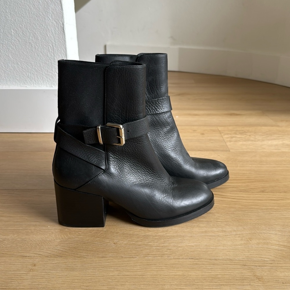 COS Biker Style Ankle Boots Mid Heel Black Leather Womens Shoe size 38